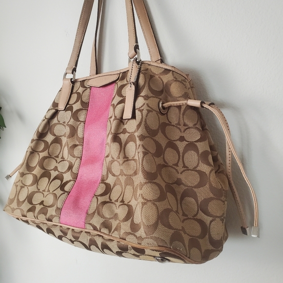 COACH F28501 Signature PINK Drawstring Satchel Classic Brown Tote Purse USED - Picture 3 of 17